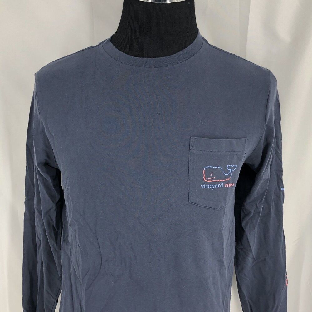 Vineyard Vines Vintage Whale Spellout Long Sleeve Pocket T-Shirt Blue Small